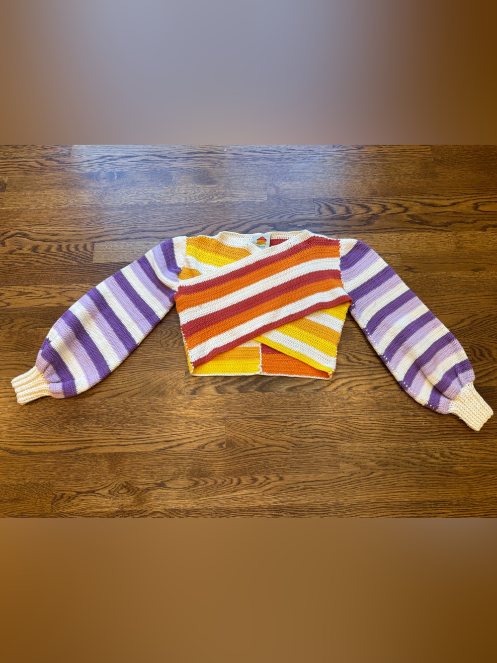 FARM Rio Colorblock Cropped V-Neck Sweater in Purple, Yellow, Orange & Cream